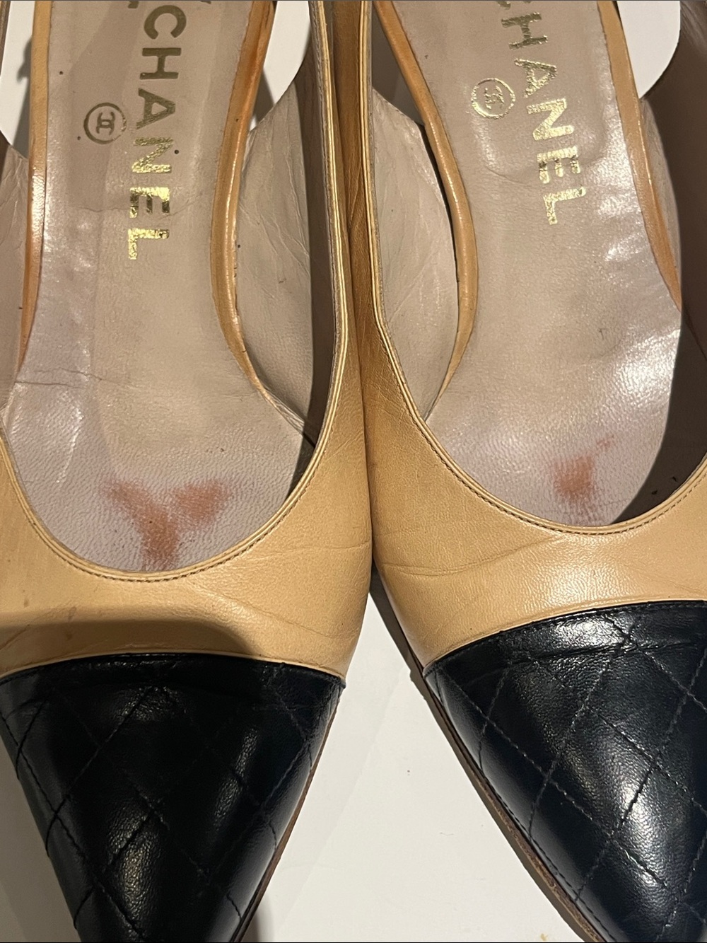 CHANEL Beige Leather Slingback Heels with Black Quilted Toe - Picture 5 of 11
